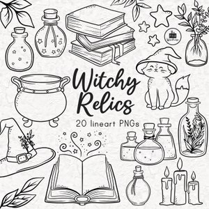 WITCHY RELICS Lineart Elements - 20 png clip art designs - instant download 300 dpi line art non filled hand drawn elements doodles black