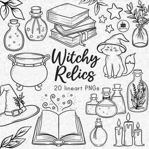 WITCHY RELICS Lineart Elements - 20 projektów clipartów png - natychmiastowe pobranie 300 dpi line art niewypełnione ręcznie rysowane elementy bazgroły czarny