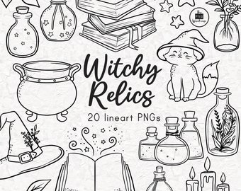WITCHY RELICS Lineart Elements - 20 png clip art designs - instant download 300 dpi line art non filled hand drawn elements doodles black