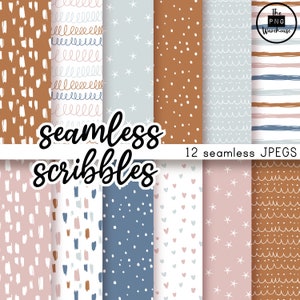 May include: Twelve digital paper patterns featuring various scribbles, including stars, hearts, dots, and wavy lines. The patterns are in shades of brown, blue, pink, and white.