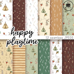 May include: A set of 12 digital seamless patterns featuring a variety of cute illustrations, including teepees, bunnies, and kites. The patterns are in a variety of colors, including brown, green, beige, and white. The text "happy playtime" is written in black on a white background.