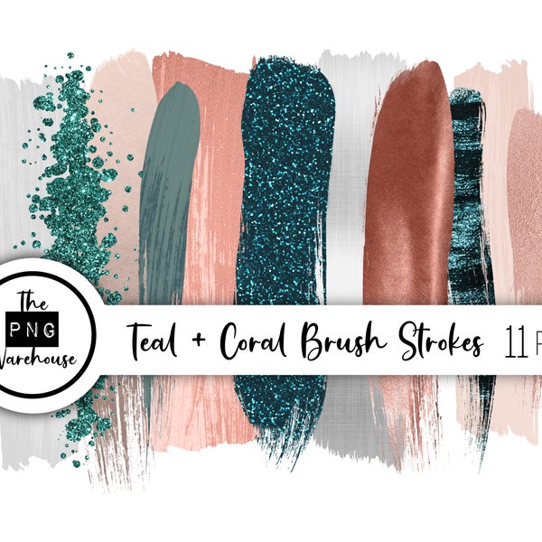 11 TEAL and CORAL Brush Strokes - 11 png clip art designs - instant download 300 dpi - glitter foils strokes rose gold blue instant download