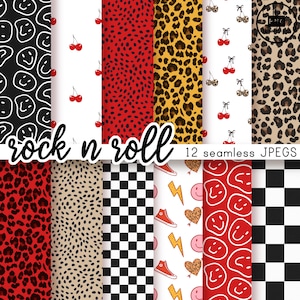 Pack de papier numérique MOTIFS ROCK N ROLL - 12 JPegs - téléchargement immédiat - 300 dpi 12 x 12 pouces sans couture arrière-plans motifs léopard noir rouge