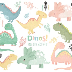 DINOSSAUROS CLIPART - 18 pngs - download instantâneo - 300dpi - designs de clip art - elementos de plantas dinos fofos pastel crianças menina menino t-rex clipart