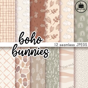 Boho Bunnies - Digital Paper Pack - 12 JPEGS - instant download - 300dpi - 12x12 inches - seamless patterns backgrounds forest nature sage