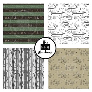 May include: Four digital paper patterns featuring woodland and camping themes. The first pattern is a green and brown striped pattern with white snowflakes and camping icons. The second pattern is white with black camping icons and a winding path. The third pattern is a gray and white pattern of tree trunks. The fourth pattern is a beige pattern with black camping icons.