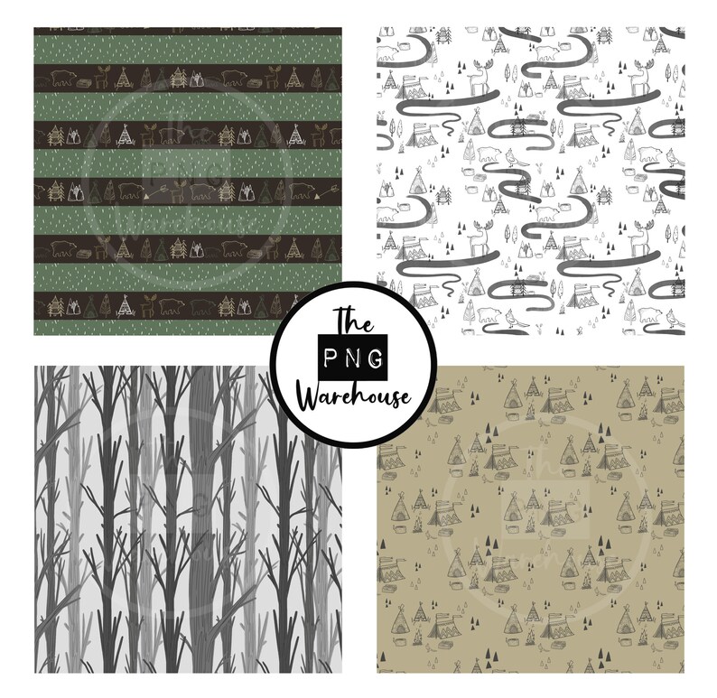 May include: Four digital paper patterns featuring woodland and camping themes. The first pattern is a green and brown striped pattern with white snowflakes and camping icons. The second pattern is white with black camping icons and a winding path. The third pattern is a gray and white pattern of tree trunks. The fourth pattern is a beige pattern with black camping icons.