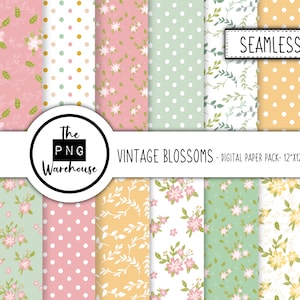 May include: A digital paper pack with 12 seamless patterns featuring vintage floral designs in pink, yellow, green, and white. The patterns include polka dots, floral sprigs, and small flowers. The text "Vintage Blossoms - Digital Paper Pack - 12"x12"' is included in the image.