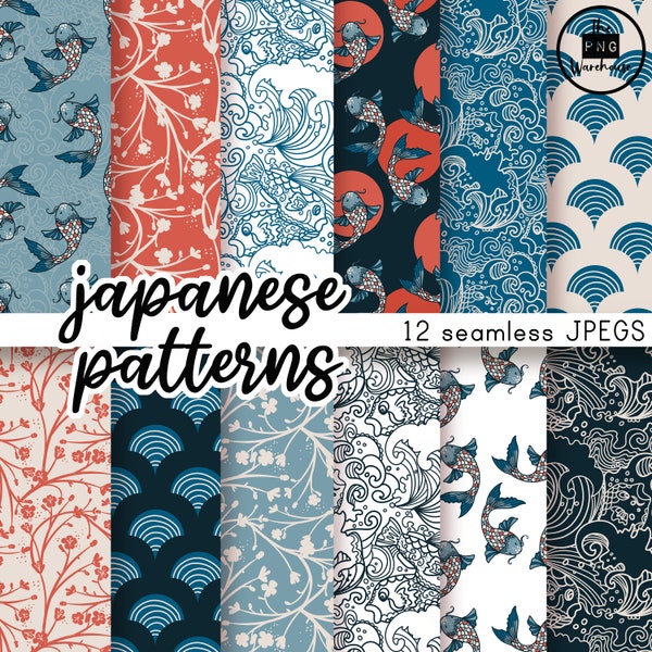 JAPANESE PATTERNS - Digital Paper Pack - 12 JPegs - instant download - 300dpi - 12x12 inches - seamless patterns backgrounds koi blossoms