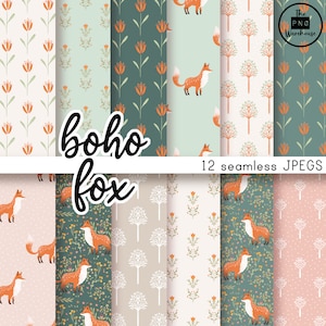 BOHO FOX PATTERNS - Digital Paper Pack - 12 JPegs - téléchargement instantané - 300dpi - 12x12 pouces motifs sans couture arrière-plans renards arbres