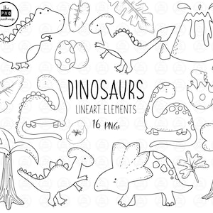 DINOSAURS Lineart Elements - 23 png clip art designs - instant download 300 dpi line art non filled hand drawn elements doodles black