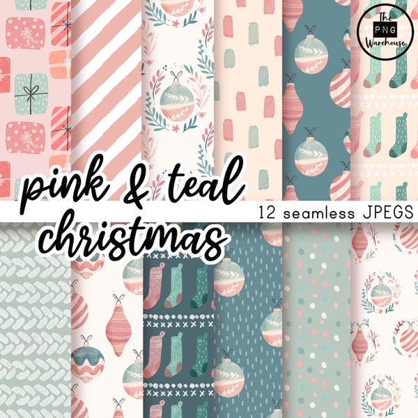 PINK and TEAL CHRISTMAS - Digital Paper Pack - 12 JPegs - instant download - 300dpi - 12x12 inches seamless patterns backgrounds soft pastel
