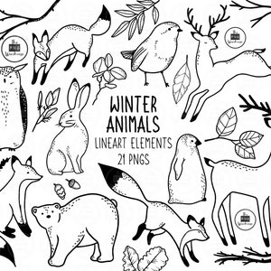WINTER ANIMALS Lineart Elements - 21 png clip art disegni - download istantaneo 300 dpi line art elementi non riempiti disegnati a mano scarabocchi nero