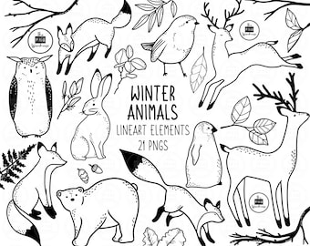 WINTER ANIMALS Lineart Elements - 21 png clip art designs - instant download 300 dpi line art non filled hand drawn elements doodles black