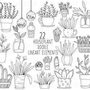 PLANTAS DE INTERIOR Elementos de arte lineal - 22 diseños de imágenes prediseñadas png - descarga instantánea 300 dpi arte lineal sin relleno elementos dibujados a mano garabatos negros