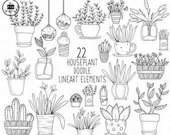 HOUSE PLANTS Lineart Elements - 22 png clip art designs - instant download 300 dpi line art non filled hand drawn elements doodles black