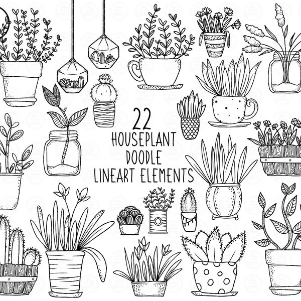 HUISPLANTEN Lineart Elements - 22 png illustraties ontwerpen - instant download 300 dpi line art niet gevulde handgetekende elementen krabbels zwart