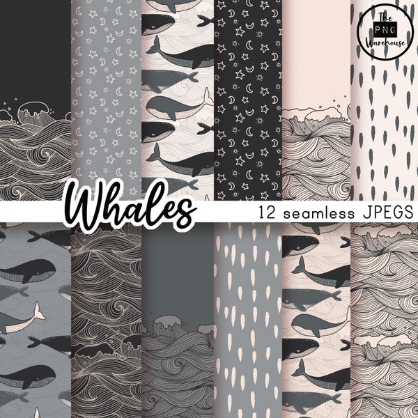 OCEAN WHALES - Digital Paper Pack - 12 JPegs - instant download - 300dpi - 12x12 inches - seamless patterns backgrounds blue navy cream sea