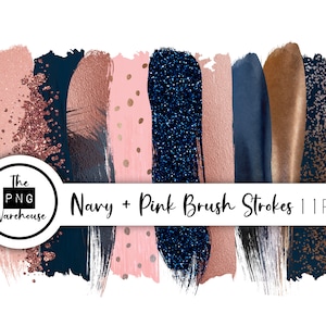 11 NAVY and PINK Brush Strokes - 11 png clip art designs - instant download 300 dpi - glitter foils strokes rose gold blue instant download