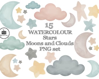 15 WATERCOLOUR CLOUDS MOONS stars and more - 15 png clip art designs - instant download -  300 dpi - digital asset pastel pack moon pink