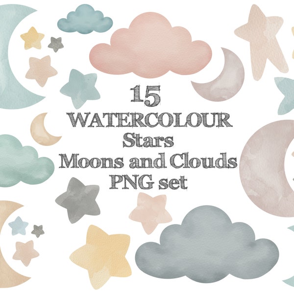 15 WATERCOLOUR CLOUDS MOONS stars and more - 15 png clip art designs - instant download -  300 dpi - digital asset pastel pack moon pink