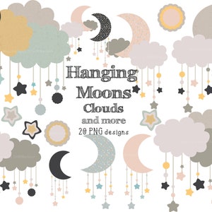 20 OPKNOPING MOONS en meer - 20 png clip art ontwerpen - instant download - 300 dpi - digitale asset pastel pack maanwolken instant download