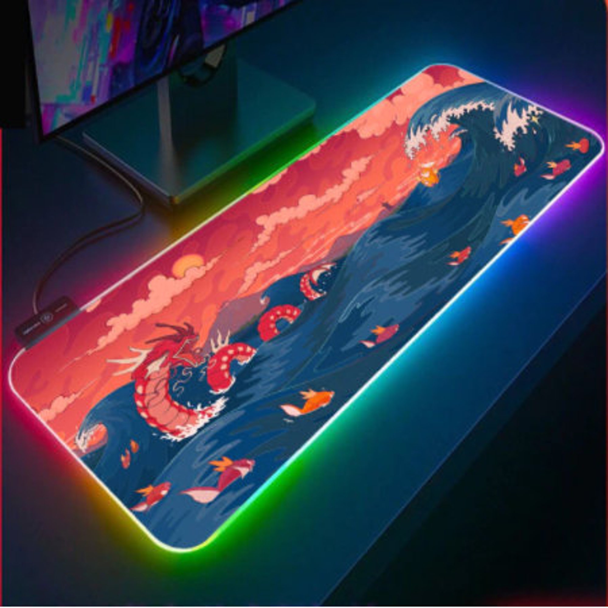 Red Dragon RGB Gaming Mouse Pad, Anime Ocean Dragon, Anime RGB Gaming Desk Pad
