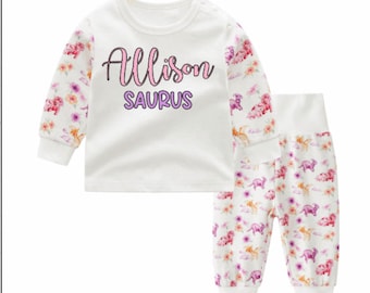 Personalised Pink Dinosaur Loungewear, Baby Girl Dinosaur Sleepsuit