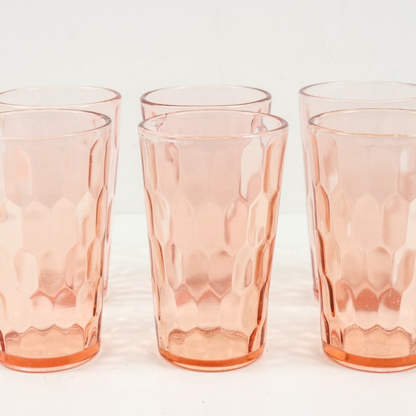 Set of 6 Vintage Pink Water Glasses, Pink Glass Set, Pink Jeannette Hex Optic Honeycomb