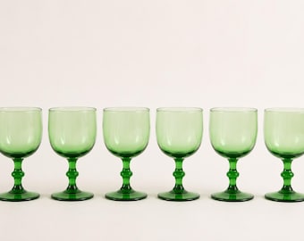 Set of 7 Vintage Green Glass Goblets, Handmade Green Stemware