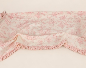 Vintage 8 Ft Pink Toile Window Valance, Gingham Ruffle Trim, French Country Cottage Decor