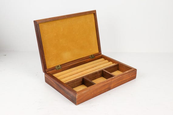 Vintage Walnut Jewelry Box, Velvet Lined Jewelry Box for Men, Classic Wooden Jewelry Box