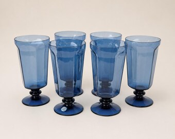 Vintage Lenox Blue Crystal Goblets Set, Faceted Stemmed Water Glasses (Set of 6)