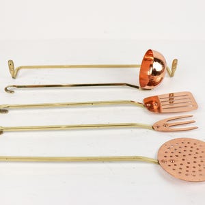 Set of 4 Brass and Copper Kitchen Utensils with Rack, Copper Cookware, Farmhouse Style Kitchen Decor