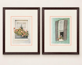 Pair Ethan Allen Cottage Window Prints, Framed Botanical Wall Art, Traditional English Country Decor, 14 x 11.5