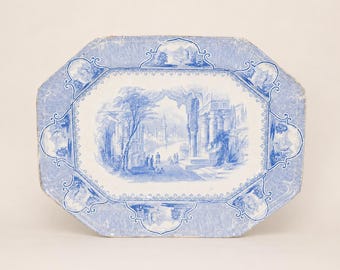 Antique Jacob Furnival Castle Scenery Blue Transferware Octagonal Platter Victorian English Ironstone 15 Inch
