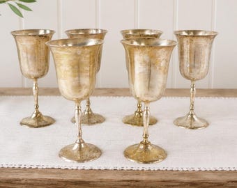 Set of 6 Vintage Silverplate Goblets, Cottagecore French Country Wine Chalices