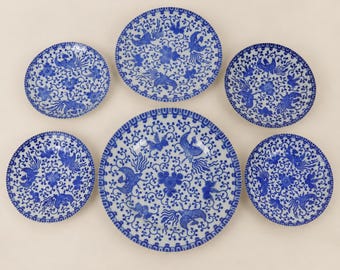 Vintage Blue and White Phoenix Ware Japan Dish Set, 6 Piece Chinoiserie Plates and Saucers