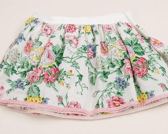 Vintage Waverly Twin Bed Skirt, Cottage Floral Pink Trim, Gathered Dust Ruffle