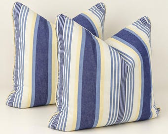 Set of 2 Vintage Coastal Striped Throw Pillow Covers 22” Cotton with Zippers