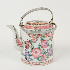 Vintage Floral Lowestoft Teapot – Hand Painted Porcelain with Wire Handle – Pink Flower Decorative Teapot – Cottagecore China