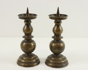 Set of 2 Vintage Brass Candlesticks with Patina