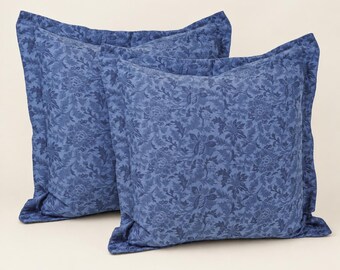 Vintage Eddie Bauer Euro Shams Set of 2 Blue Floral Cotton Pillow Shams English Country Bedding