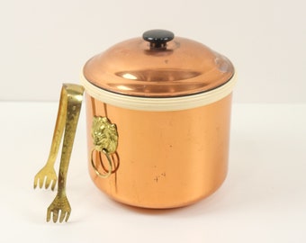 Vintage Copper Ice Bucket with Lid and Brass Ice Tongs