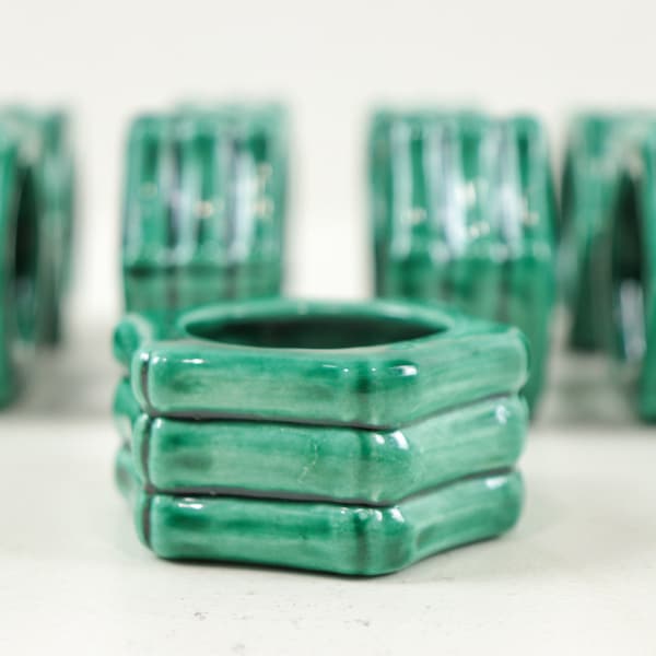 Set of 11 Green Ceramic Napkin Rings, Faux Bamboo Napkin Rings, Christmas Napkin Rings