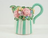 Vintage Fitz and Floyd Ceramic Striped Pitcher with Flowers and Bee