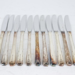 May include: A collection of ten silver butter knives. The blades are shiny silver, and the handles show signs of age with some tarnishing. The handles have a decorative pattern near the base.