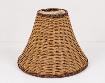 Vintage Woven Rattan Lampshade, Bell Shade with Silk Liner