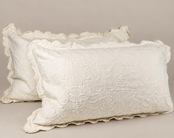 Vintage Matelasse King Pillow Shams Set of 2, Ivory White Cotton European Style Bedding, Collected Cottage Bedroom Decor