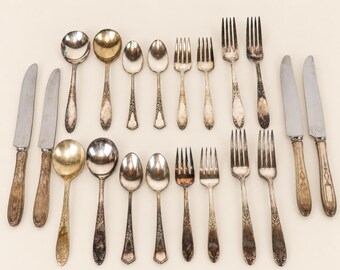 Vintage Mismatched Silverplate Flatware Set Service for 4, 20 Piece Curated Silverware Set, Collected Table Setting